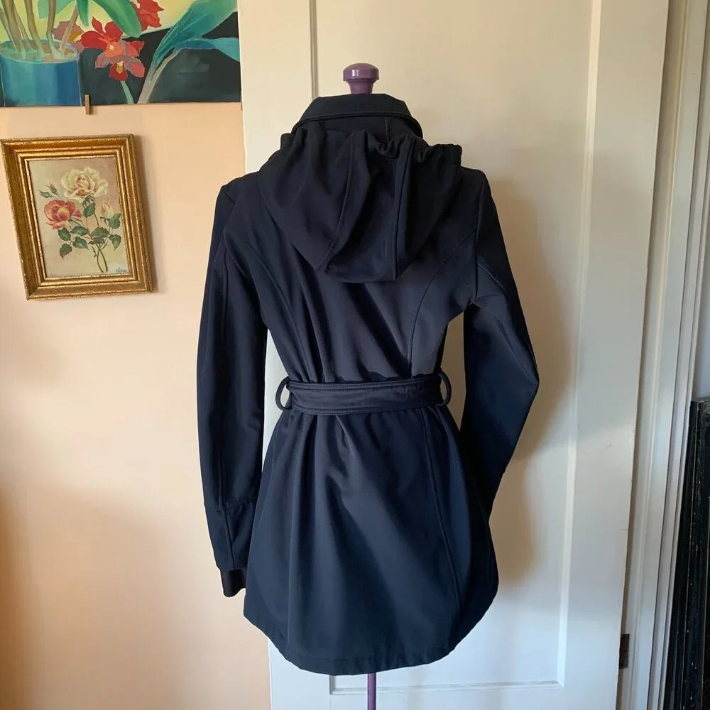 Betsey Johnson M Rain Hood Trench Coat Jacket Dble Breast Belted Navy Thumbholes - Picture 2 of 7